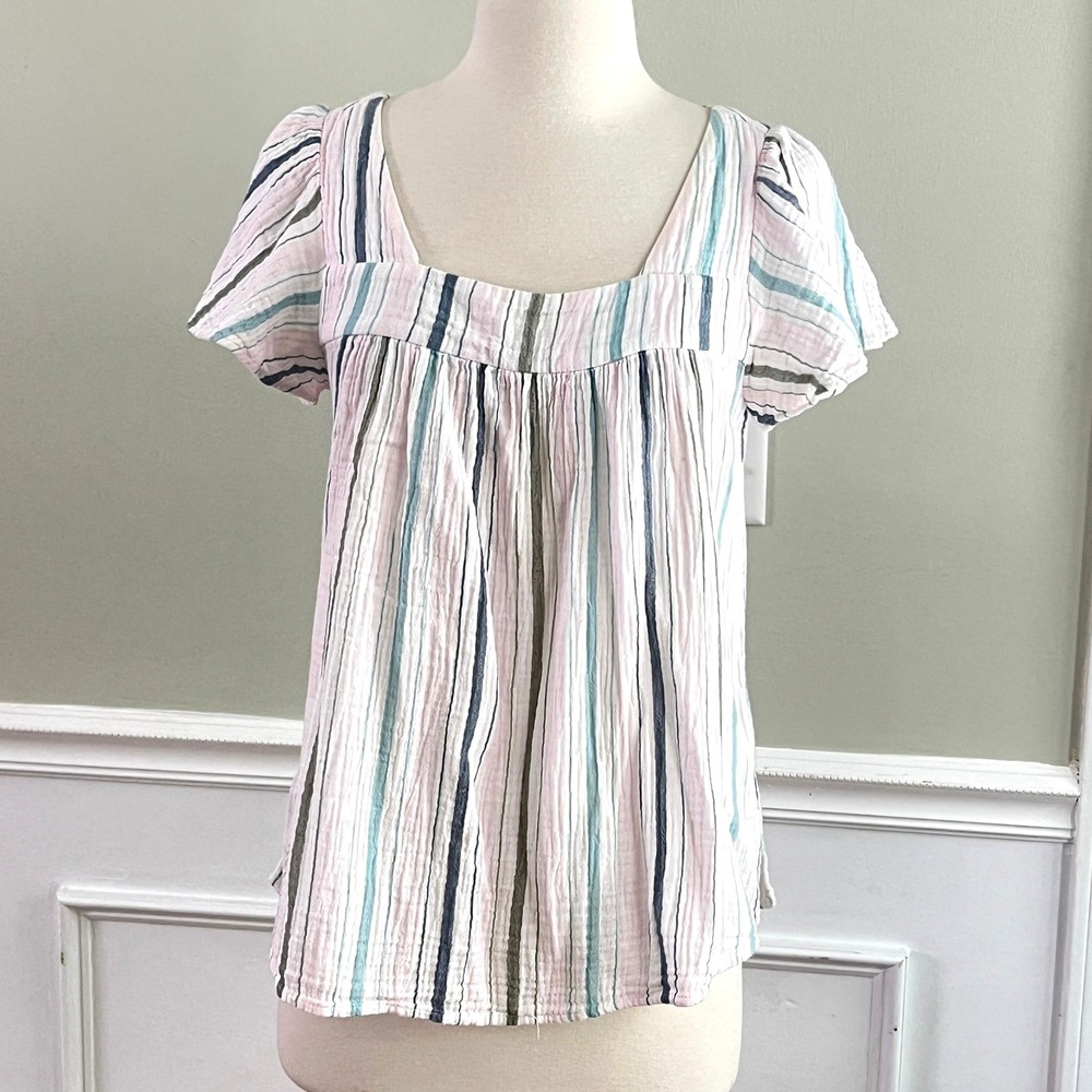 Caslon Striped Gauze Blouse XXS Women Square Neck Puff Sleeve Pink Blue Coastal